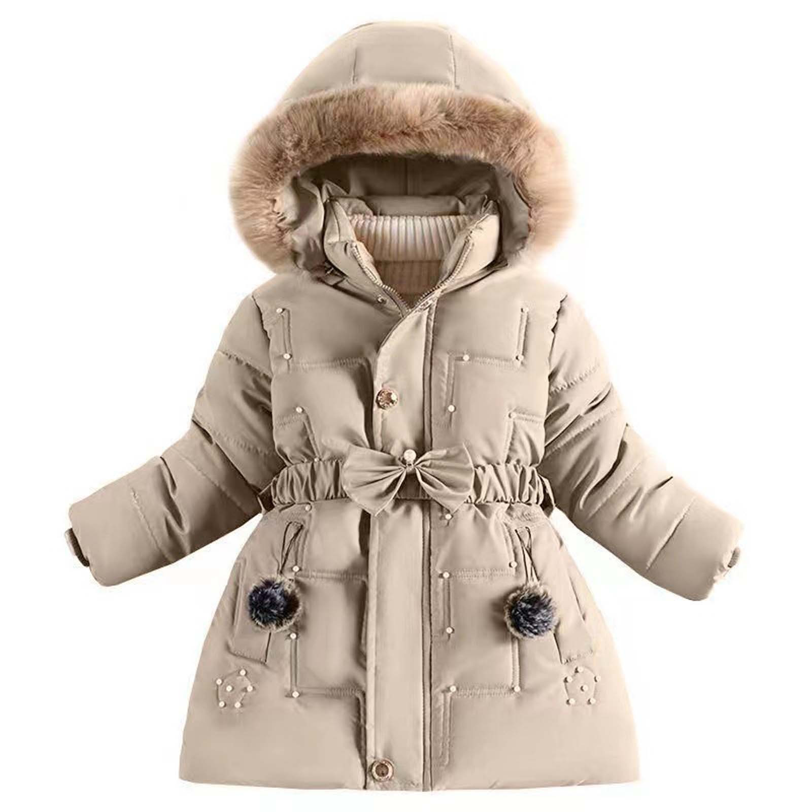 Odeerbi Kids Girls Parka Winter Coat Thermal Quilted Puffer Jacket Padded Coats Plus Velvet Thickened Outerwear Children's Medium Long Coat Kids Clothes Khaki